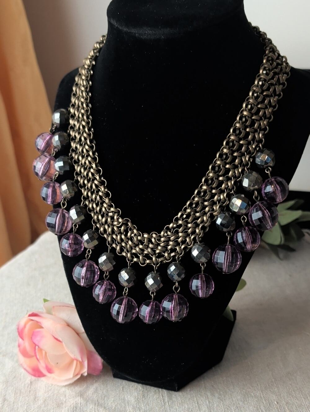 R.J. Graziano Purple Beaded Bib Statement Necklace Antique Brass Chain Boho Y2K